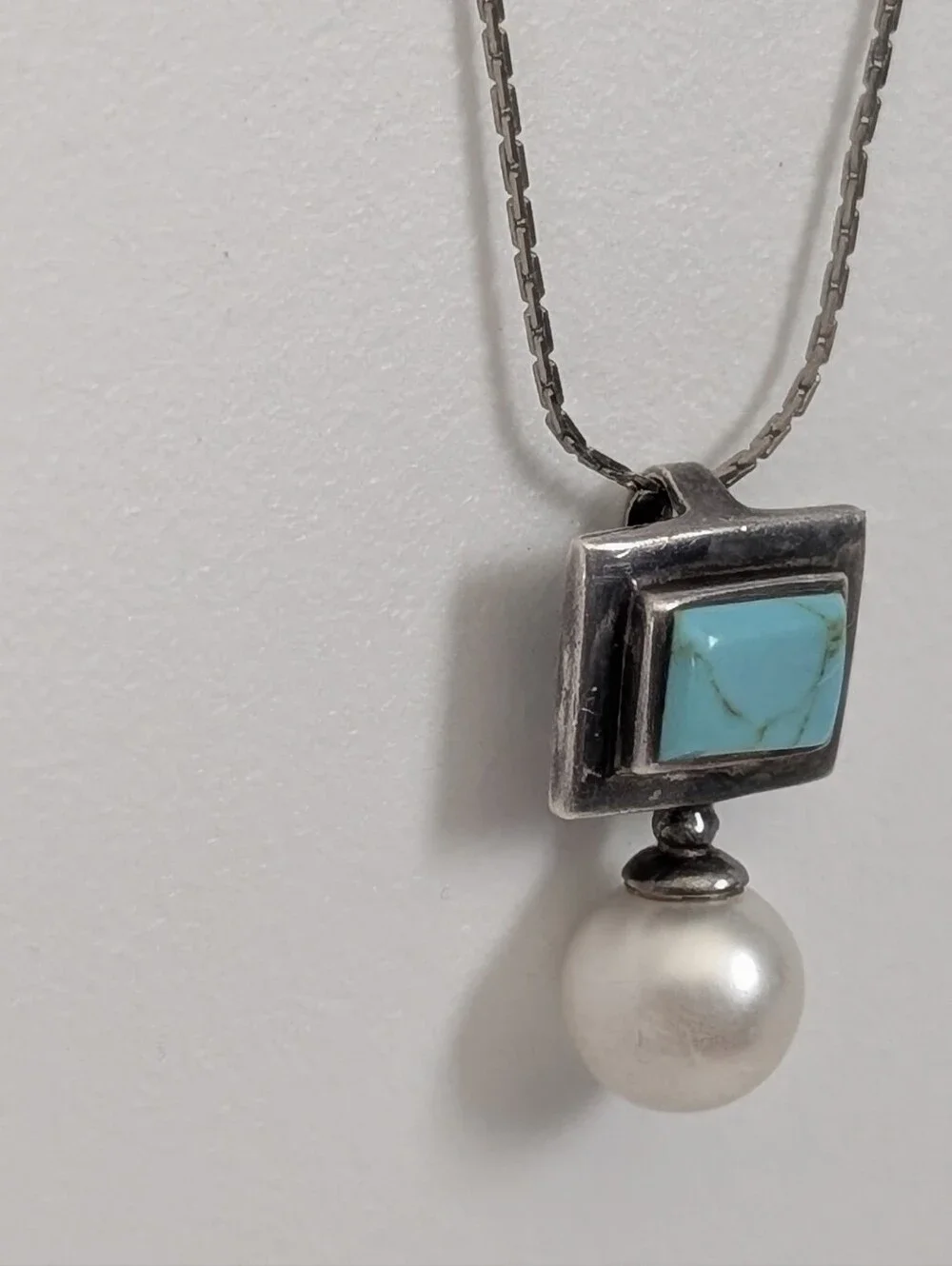 Sterling Turquoise & Pearl Pendant Necklace 925 - Picture 2 of 7